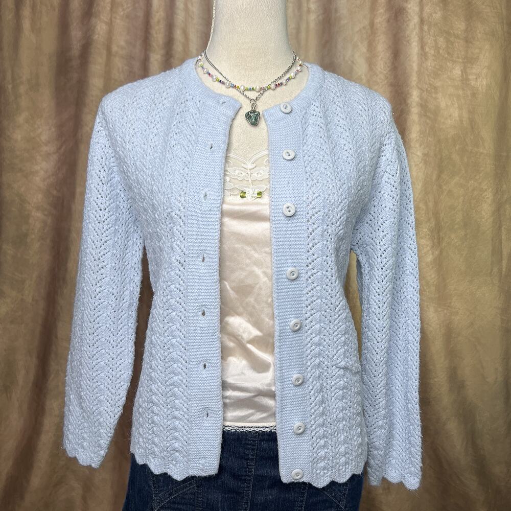 Vintage Crochet Cardigan Sweater 70s Knit Baby Blue Button Up Coquette Retro Mod